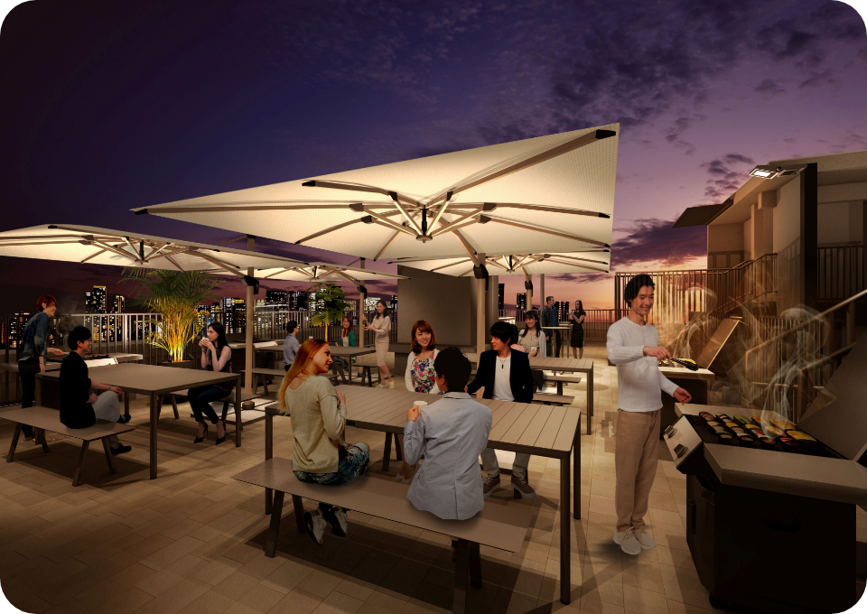 民泊トレンド×技術革新×天空温泉×BBQリゾート
非日常のラグジュアリーな滞在を実現。14階の最上階でくつろぐ、天然温泉＆BBQリゾートイメージ画像